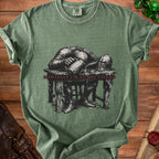 Green t-shirt with knight passed out at a table, text "Mentally I'm at the Tavern".