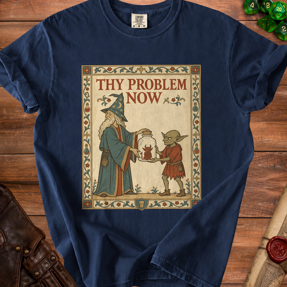 Wizard and goblin present a captured demon in a bottle, with text "THY PROBLEM NOW".