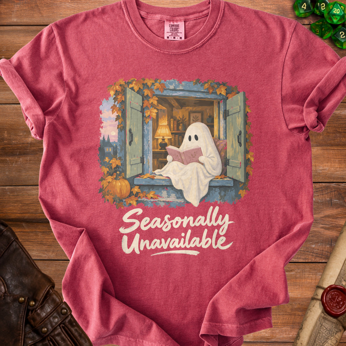 Ghost reading a book in a window, "Seasonally Unavailable" text.