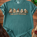 T-shirt with cartoon ghosts in various poses and text "side quest activities".