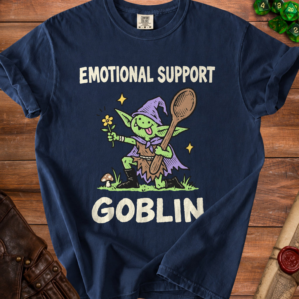 Navy t-shirt with green goblin holding spoon and flower, text "EMOTIONAL SUPPORT GOBLIN".
