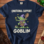 Navy t-shirt with green goblin holding spoon and flower, text "EMOTIONAL SUPPORT GOBLIN".