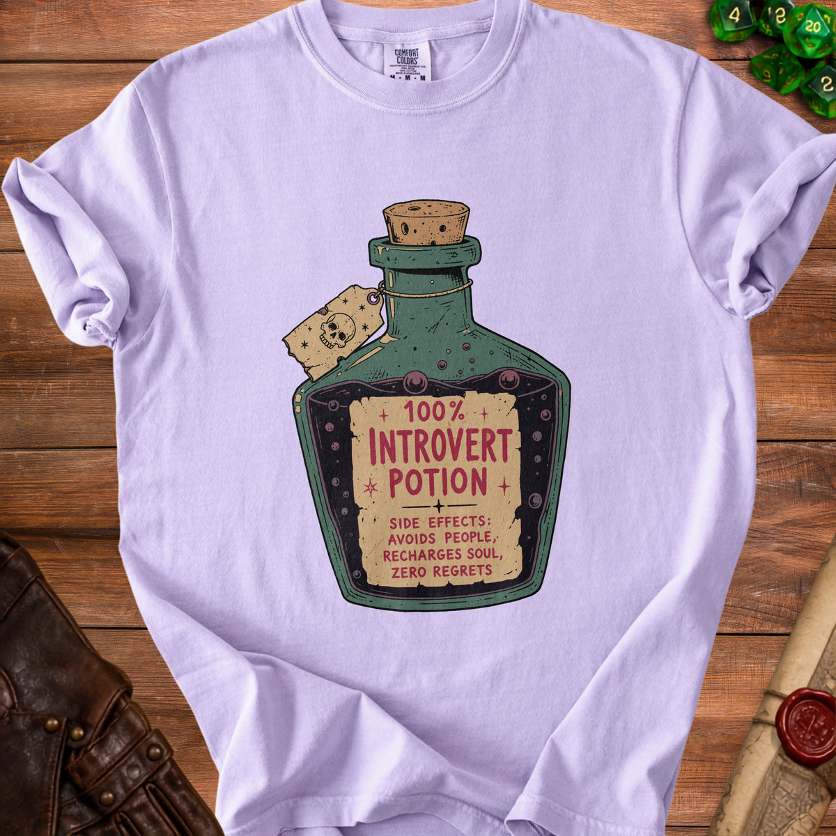 T-shirt with "100% Introvert Potion" graphic and side effects listed.