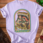 Lilac t-shirt with graphic of a hobbit-like character giving thumbs up inside a treasure chest filled with gold, text "AN OPPORTUNITY!".