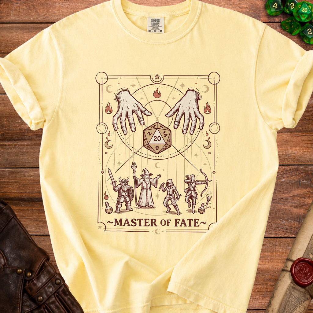 T-shirt graphic with hands, d20 die, wizard, warrior, rogue, and archer below text "Master of Fate".