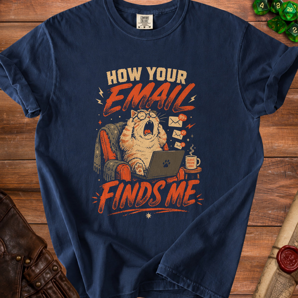 Cat on laptop with "How Your Email Finds Me" text and email notifications.