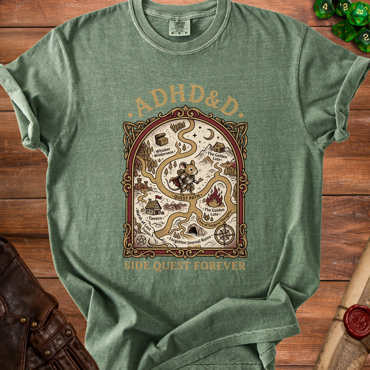 Green shirt with ADHD&D map graphic and "Side Quest Forever" text.