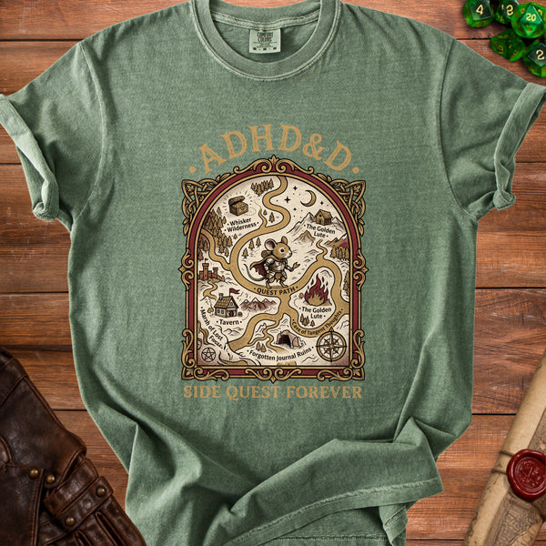 ADHD&D Quest Tangent Thoughts T-Shirt in Moss