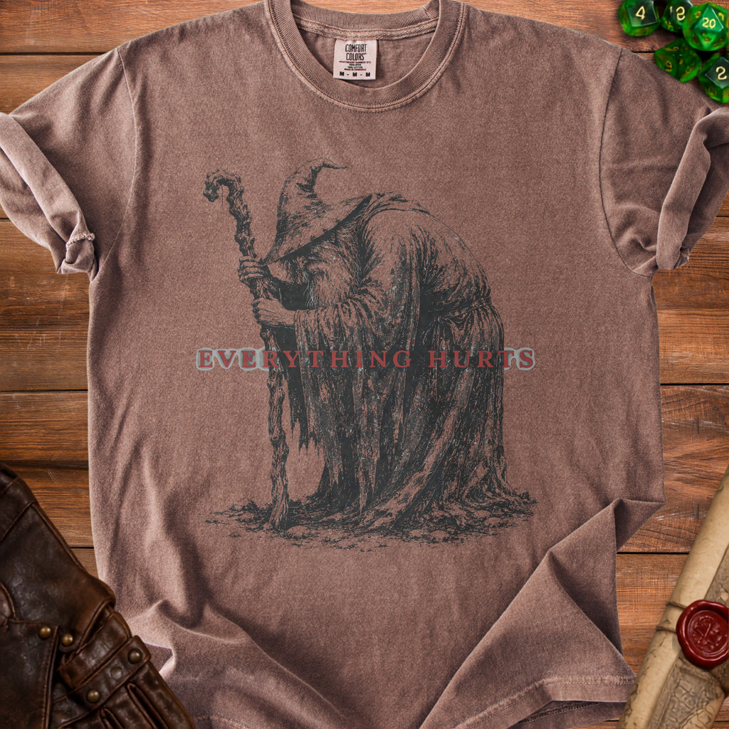 Brown t-shirt with a graphic of a wizard and the text "EVERYTHING HURTS".
