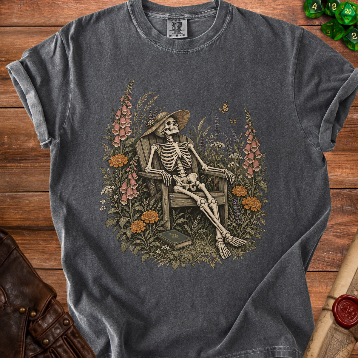 Skeleton relaxing in a chair surrounded by flowers and butterflies, wearing a straw hat.