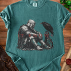 Knight in armor sitting with a raven, text reads "IT KNOWS".