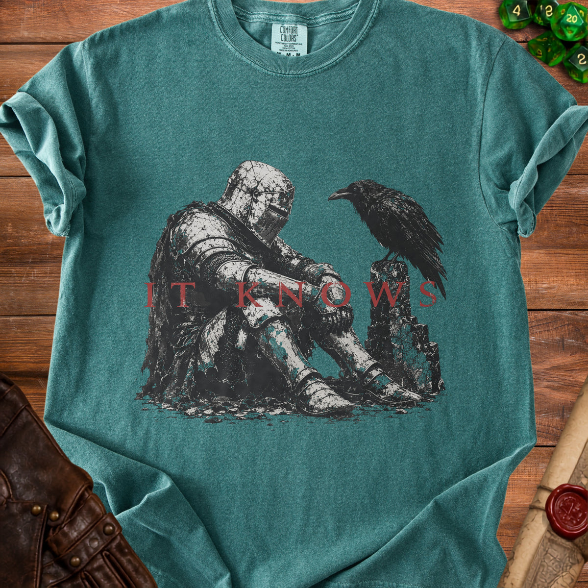 Knight in armor sitting with a raven, text reads "IT KNOWS".