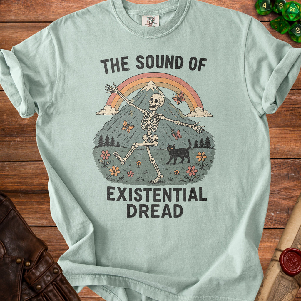 T-shirt with skeleton, cat, rainbow, mountain, and text "The Sound of Existential Dread."