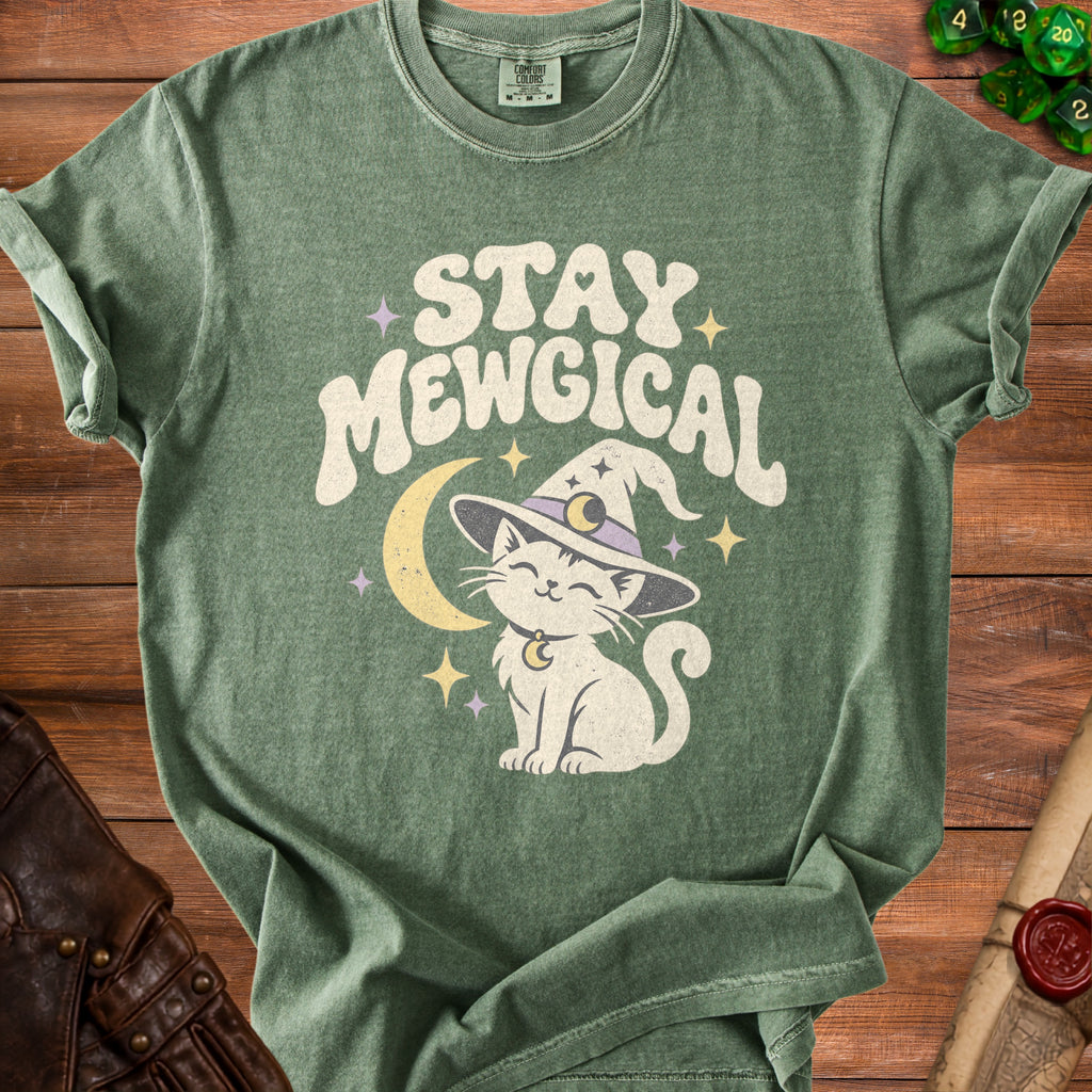 Green t-shirt with white text "STAY MEW-GICAL" and a witch hat cat.