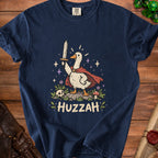 Navy t-shirt with a cartoon goose holding a sword and cape, text "HUZZAH".