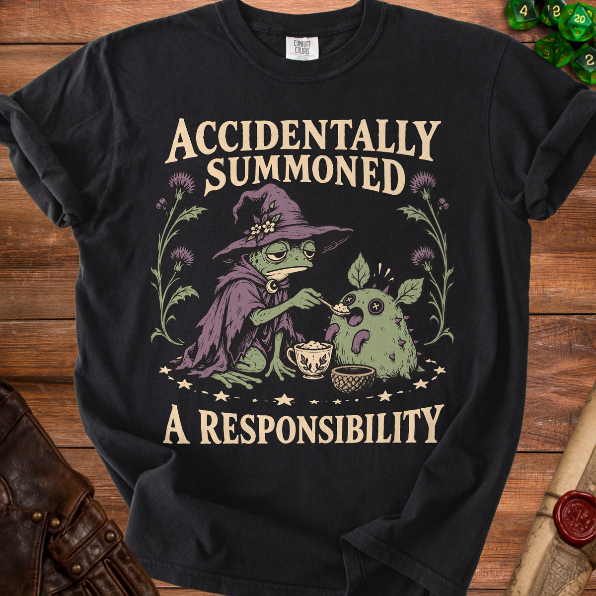 Frog wizard feeds a creature, text "ACCIDENTALLY SUMMONED A RESPONSIBILITY".