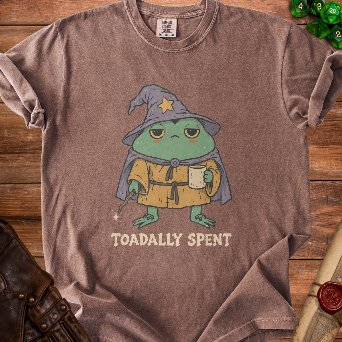 Brown t-shirt with a wizard frog graphic and "Toadally Spent" text.