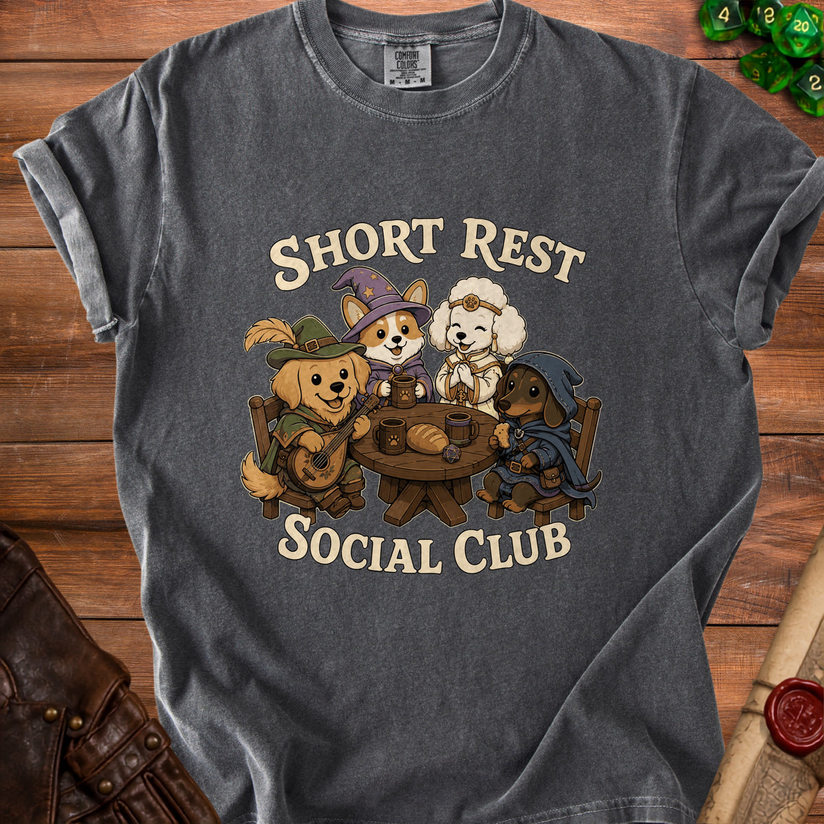 Short Rest Social Club t-shirt with cartoon dogs in fantasy attire gathered at a table.