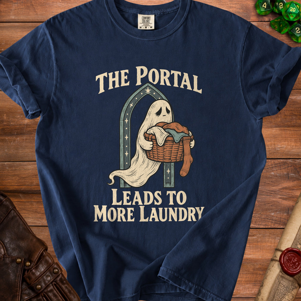Navy t-shirt with a ghost carrying laundry and text "The Portal Leads to More Laundry."