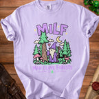 Lilac t-shirt with wizard in forest design and text "MILF MAN I LOVE FORESTS".