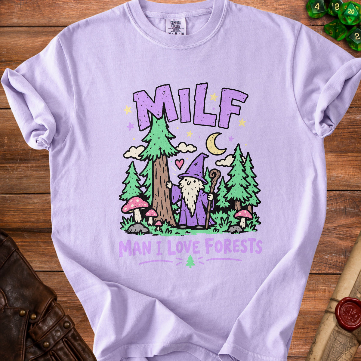 Lilac t-shirt with wizard in forest design and text "MILF MAN I LOVE FORESTS".