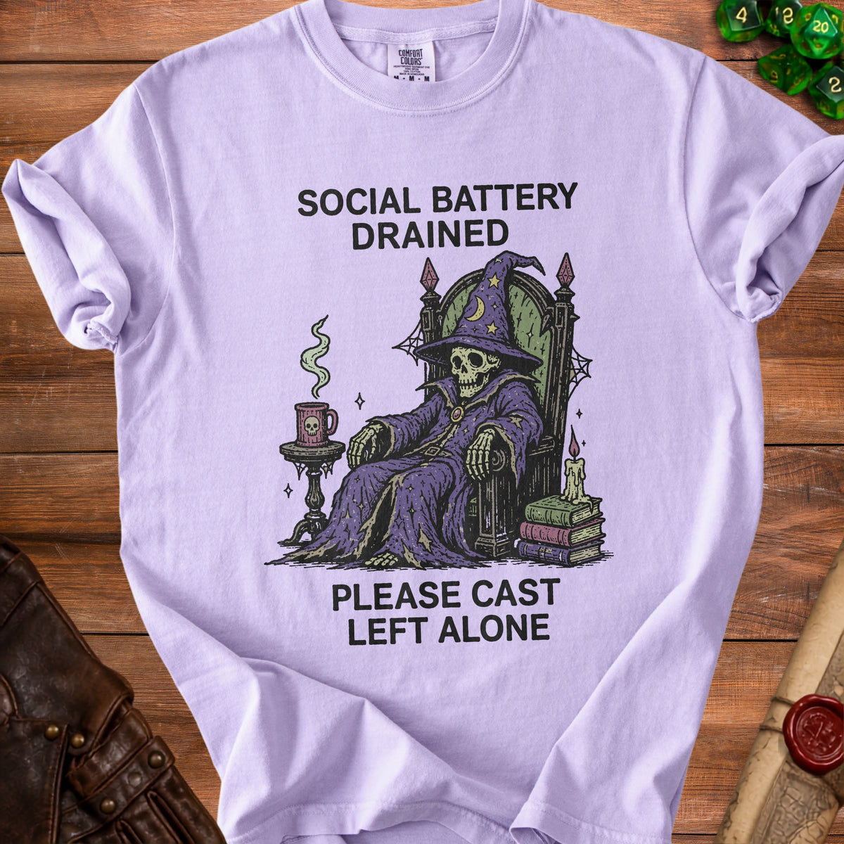 Skeleton wizard on a throne with text "Social Battery Drained. Please Cast Left Alone."