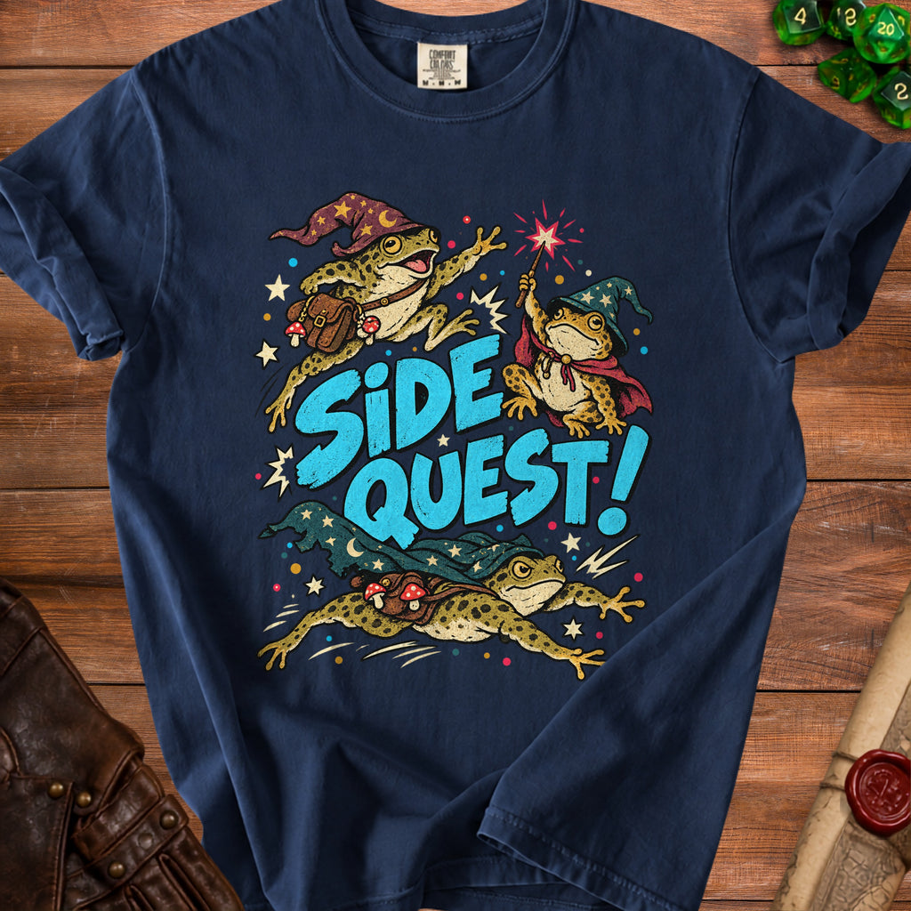 Three wizard frogs with magical cloaks and hats, with the words "SIDE QUEST!"