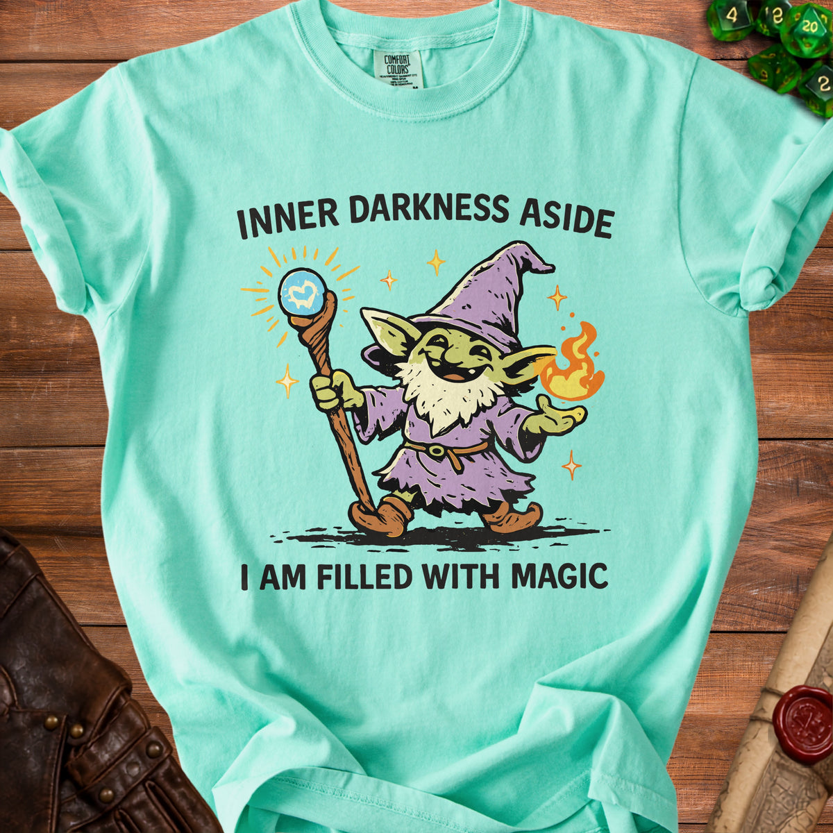 Mint t-shirt with wizard goblin graphic and text "Inner Darkness Aside, I Am Filled With Magic."