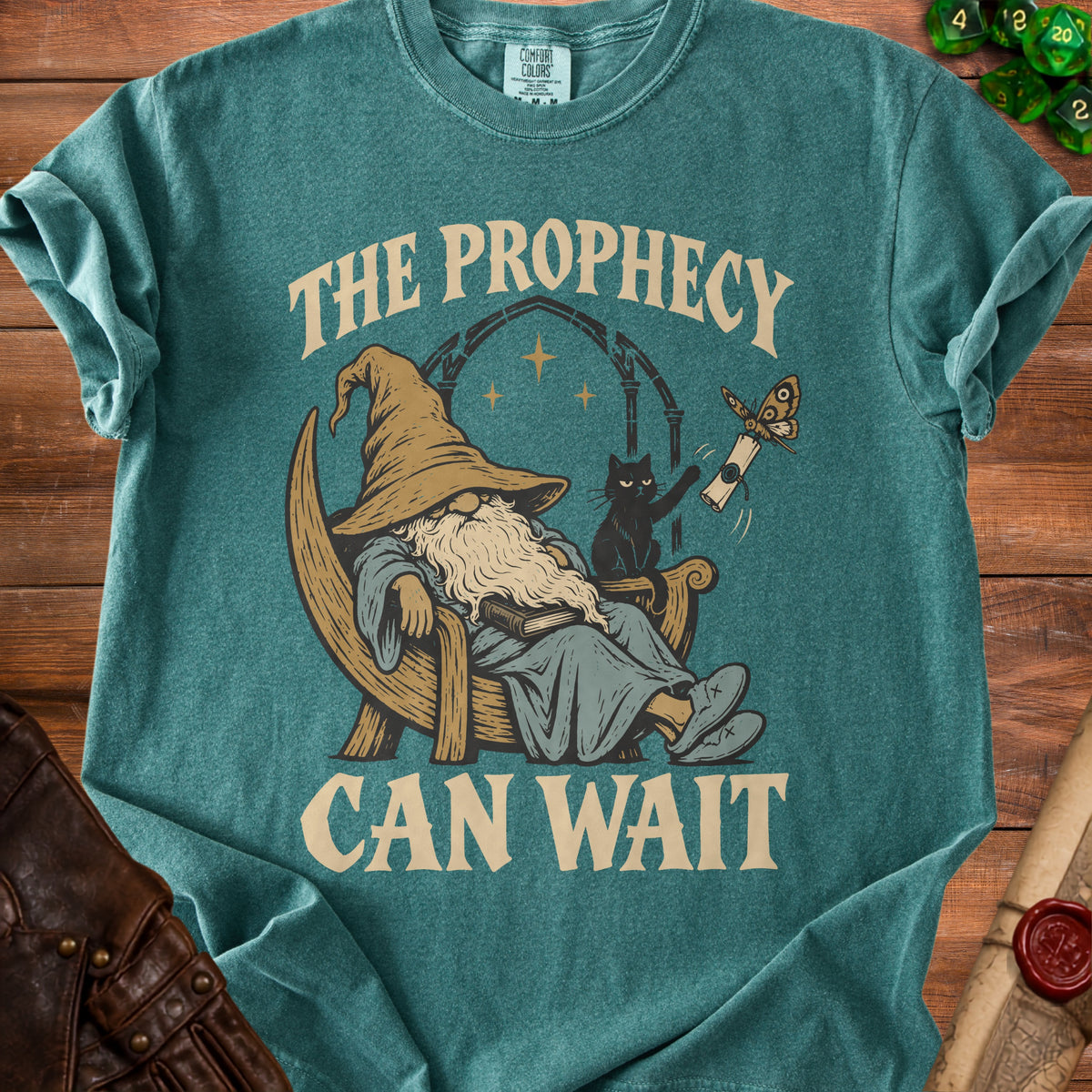Wizard and cat illustration with text "The Prophecy Can Wait" on a teal shirt.