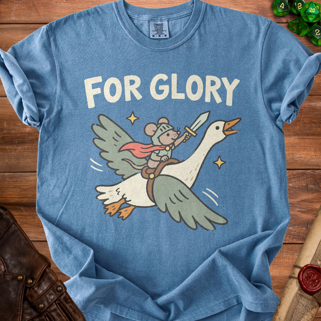 Blue t-shirt featuring an illustration of a mouse in armor riding a flying goose with the text FOR GLORY.