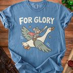 Blue t-shirt featuring an illustration of a mouse in armor riding a flying goose with the text FOR GLORY.