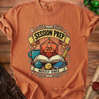 Orange t-shirt with "Session Prep Mostly Vibes" and D20 dice graphic.
