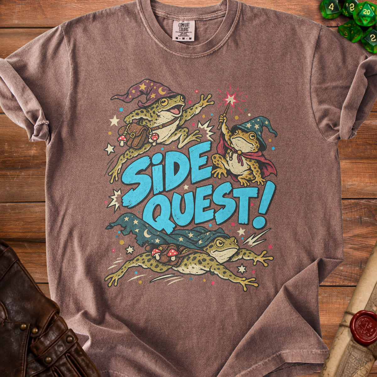 T-shirt with three wizards frogs and text "SIDE QUEST!".