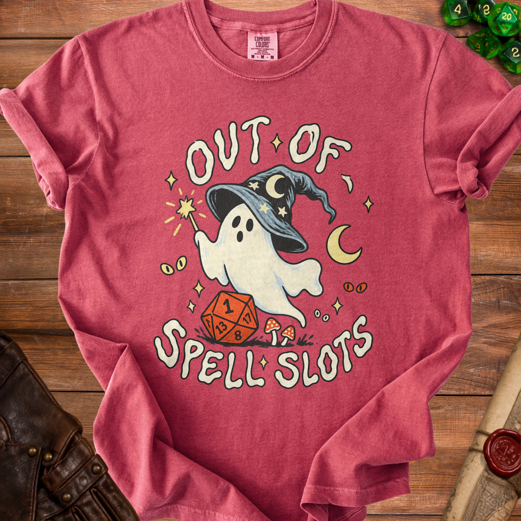 Red shirt with ghost character and text "OUT OF SPELL SLOTS".