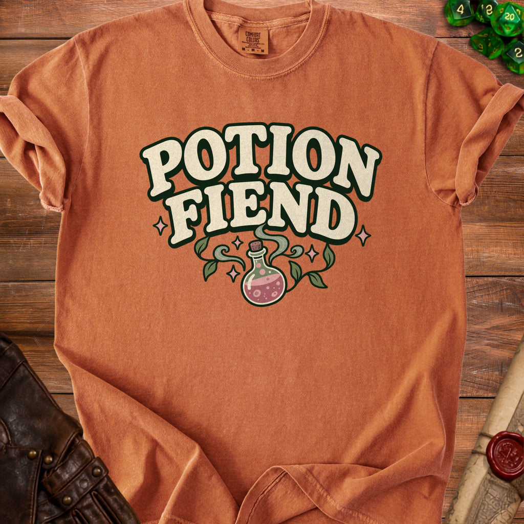 Orange t-shirt with "Potion Fiend" text and a potion bottle design.