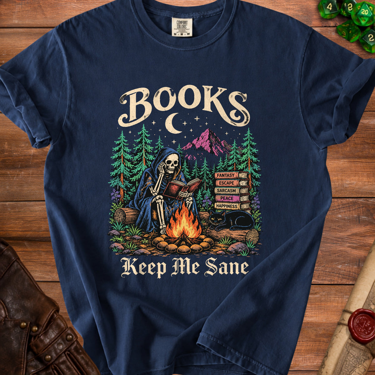 Skeleton reading by campfire with books titled "Fantasy" and "Keep Me Sane".