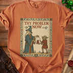 Wizard and goblin present a captive devil with text "Thy Problem Now".
