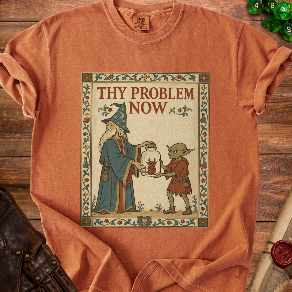 Wizard and goblin present a captive devil with text "Thy Problem Now".