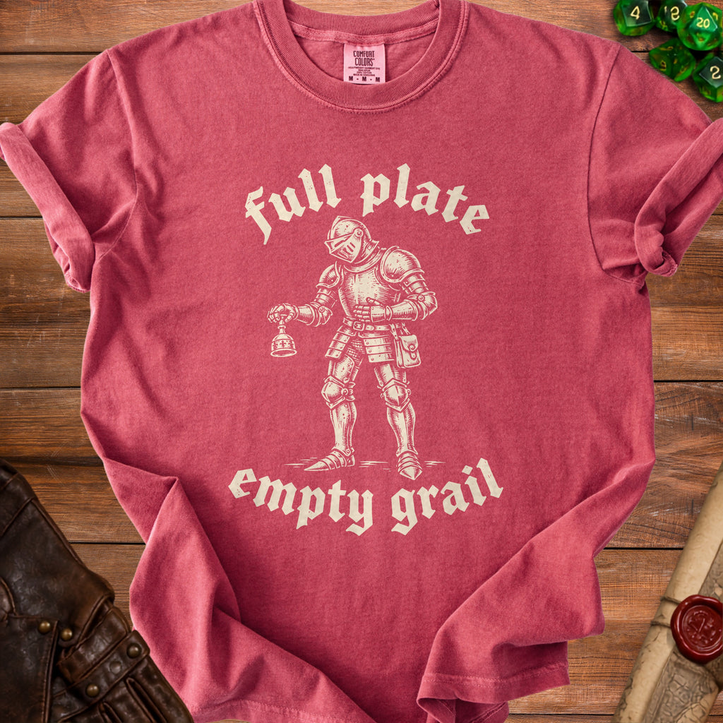 Red t-shirt with knight graphic and "full plate empty grail" text.