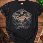 Black t-shirt with a D20 die graphic featuring a dragon and adventurers in a fantasy landscape.