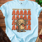 T-shirt with a cartoon monster screaming "EVERYDAY MY HEAD GOES AAAAAAAA".