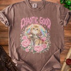 Brown t-shirt graphic featuring a cat knight, rainbow, flowers, butterflies, and "Chaotic Good" text.
