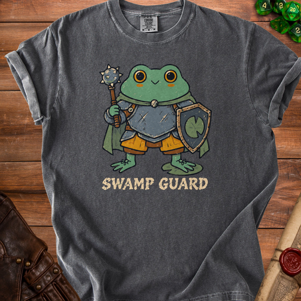 Dark grey t-shirt with a cartoon frog knight holding a mace and shield.
