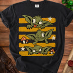 Black t-shirt featuring three cartoon goblins with yellow and black striped background.