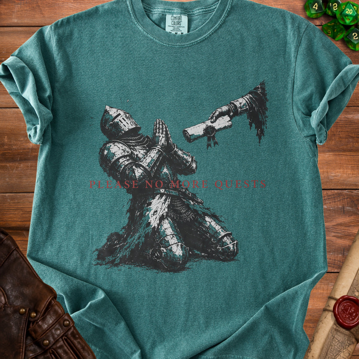 Knight in armor praying as a scroll is presented, text reads "PLEASE NO MORE QUESTS".