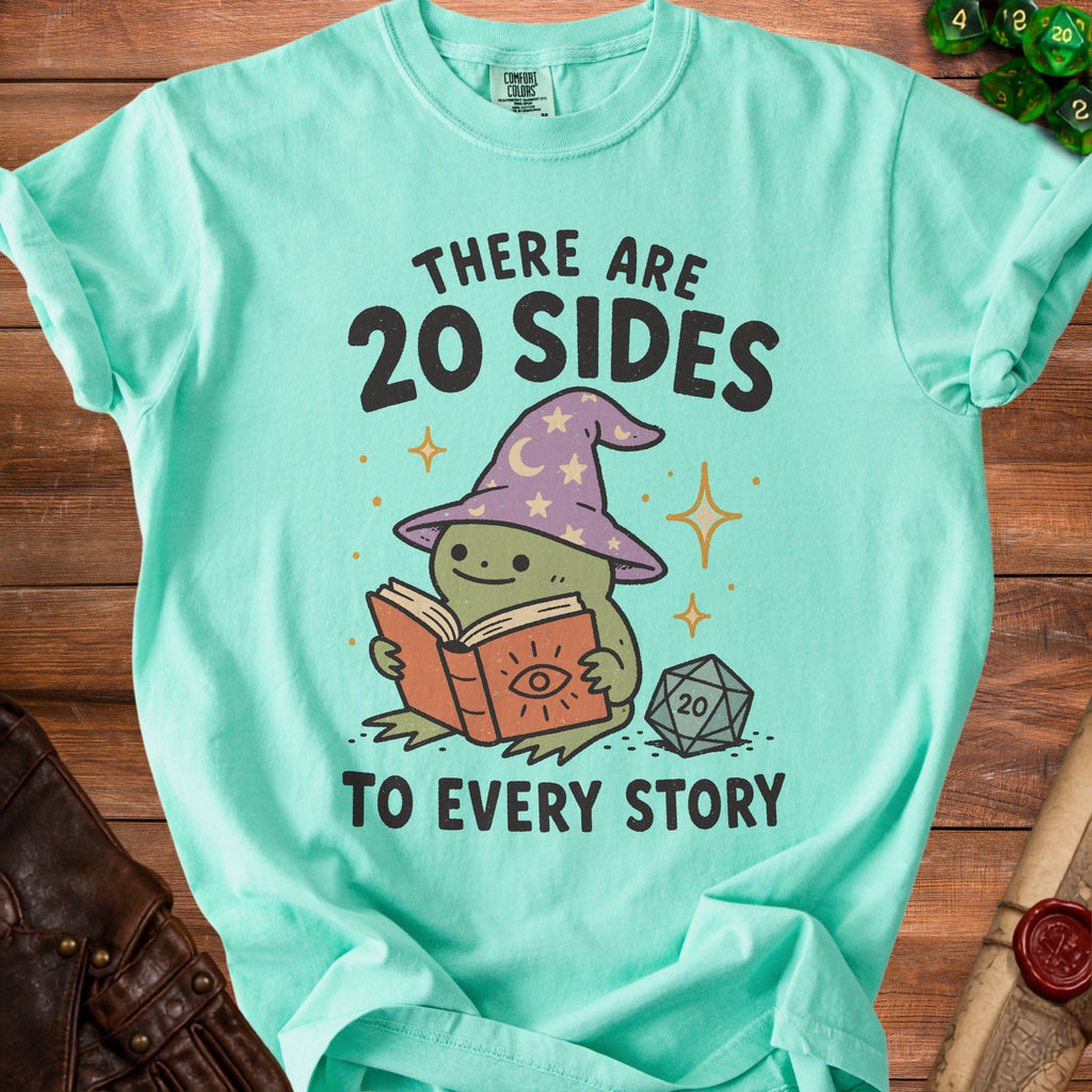 Teal t-shirt with a frog wizard reading a book and text: "There are 20 sides to every story."