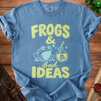 Blue t-shirt with "Frogs & bad IDEAS" graphic, a frog, and a potion.