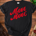Black t-shirt with red cursive text "Mana Mama" and a small star.