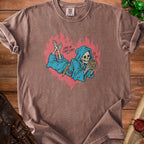 Brown t-shirt with grim reaper skeleton and heart flame graphic reading "Love at First Loot."