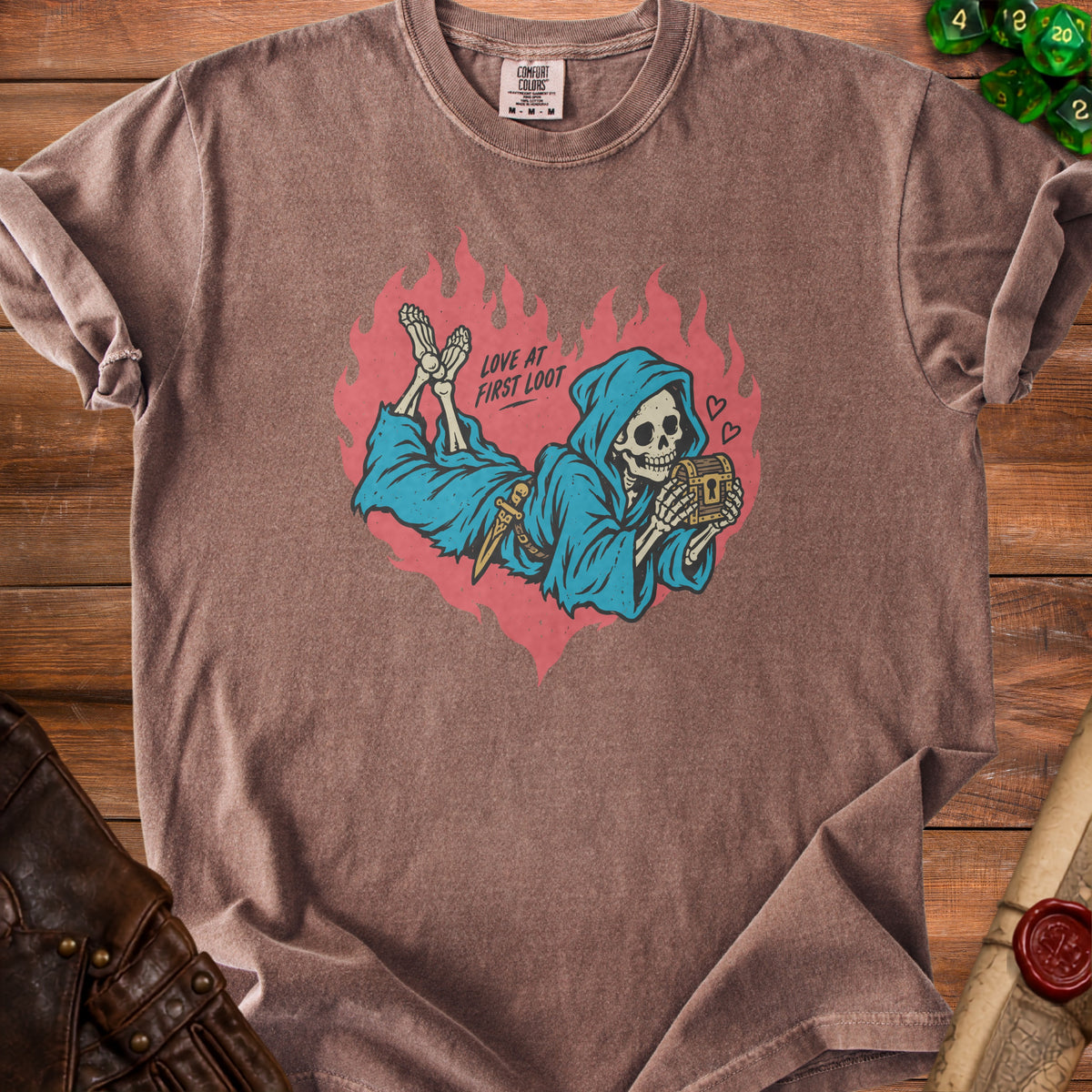 Brown t-shirt with grim reaper skeleton and heart flame graphic reading "Love at First Loot."
